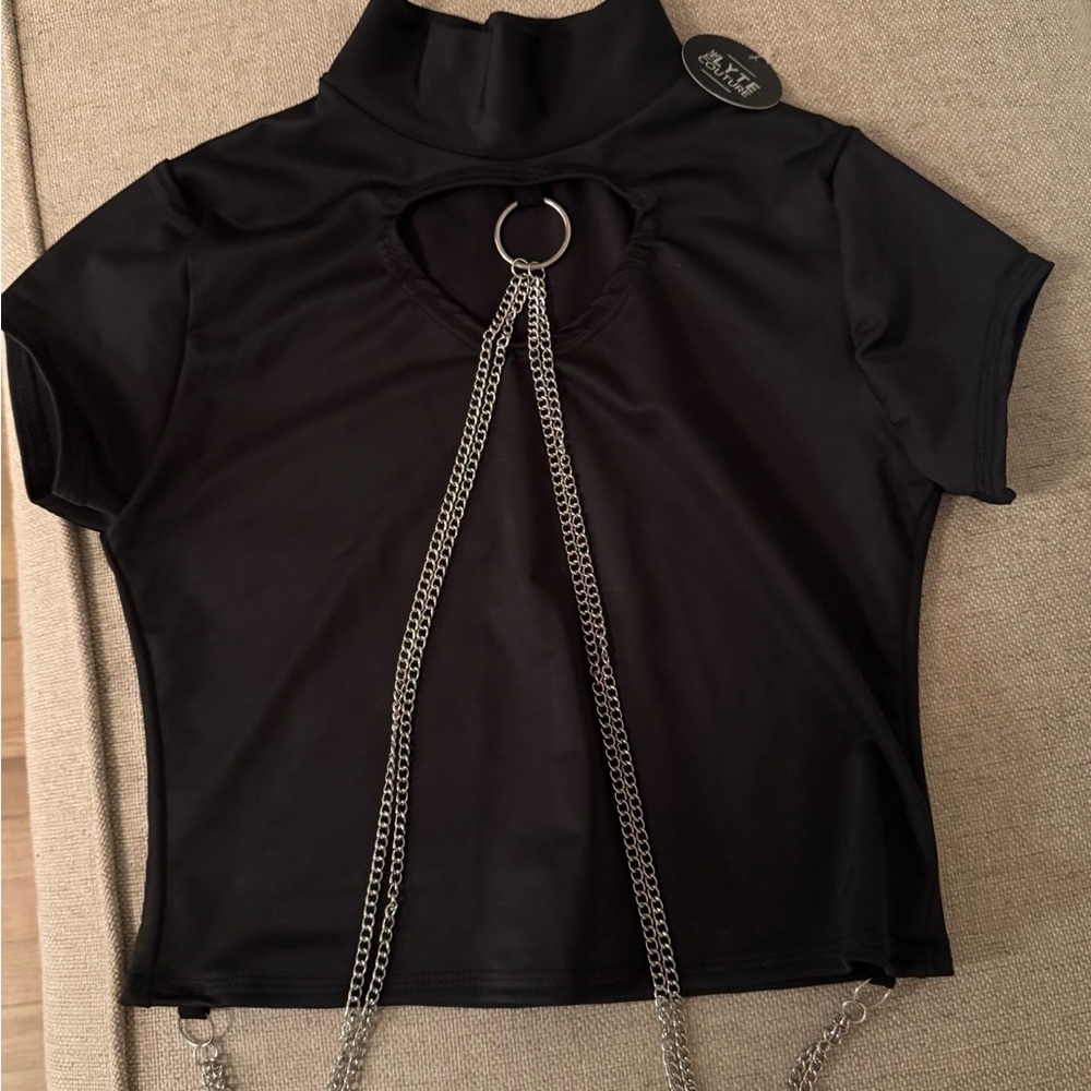 NEW - Lyte Couture Rave Mock Neck Crop Top with Cutout and Chains; size S